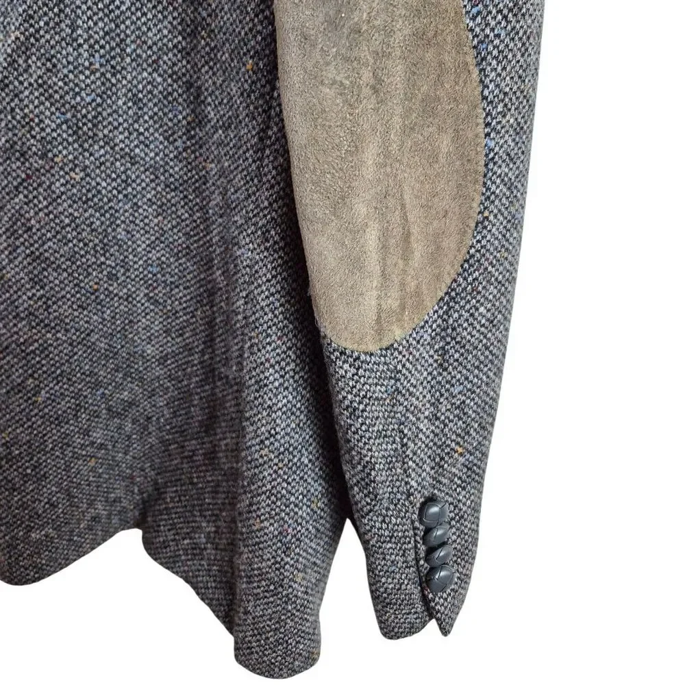 Vtg Donegal Wool Tweed Blazer 48L Suede Elbow Patch Fleck USA Old Money Stafford